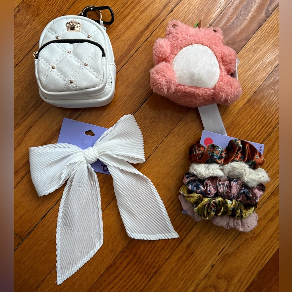 Claire's Bundle- Backpack Charm, #plush goals charm, Hair Ties and Hair Bow